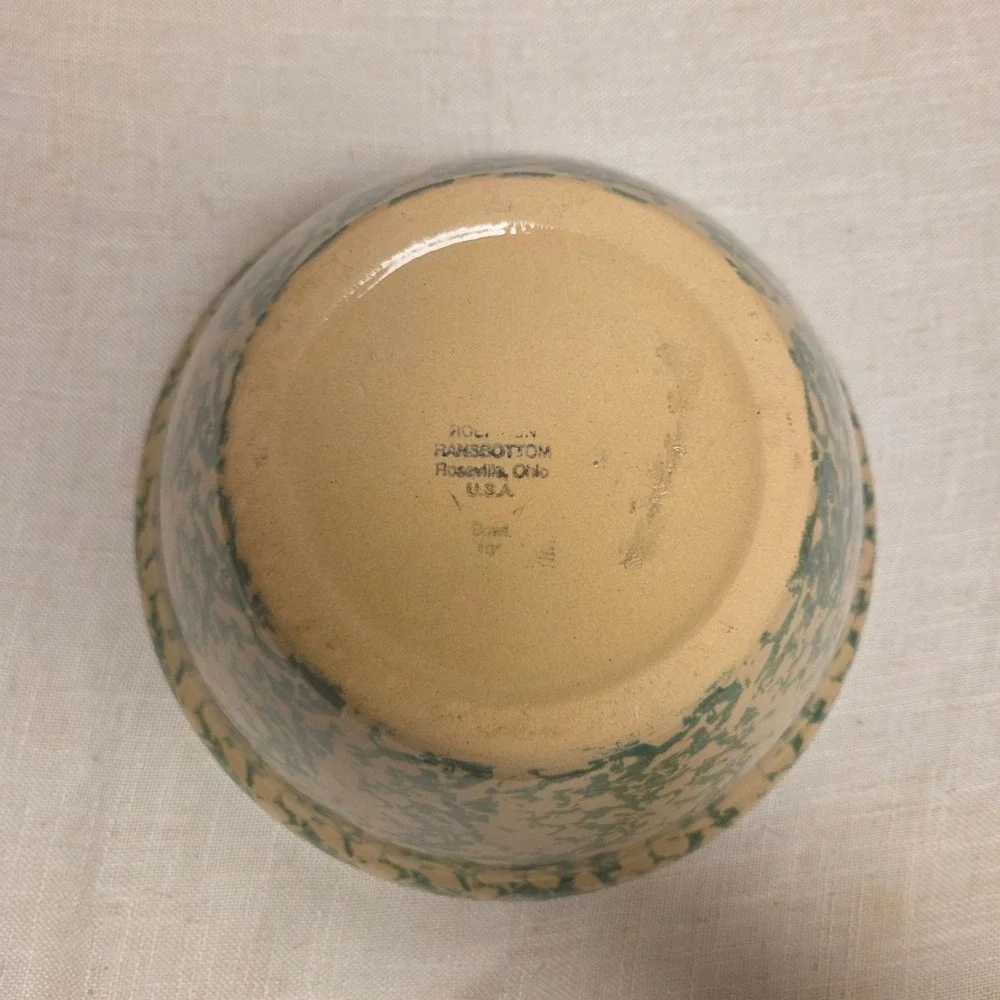 Robinson Ransbottom Green Spongeware Mixing Bowl 10 Inch Roseville Ohio Pottery
